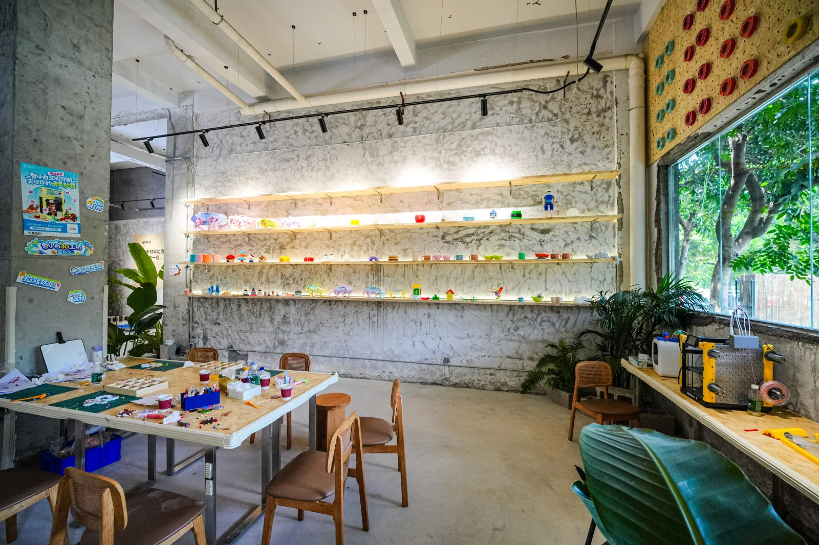 Hands-on workbench and printed-object display wall